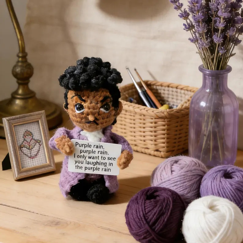 Handmade Prince Amigurumi Crochet Doll - Iconic Musician Collectible Plush, Unique Handcrafted Gift for Fans